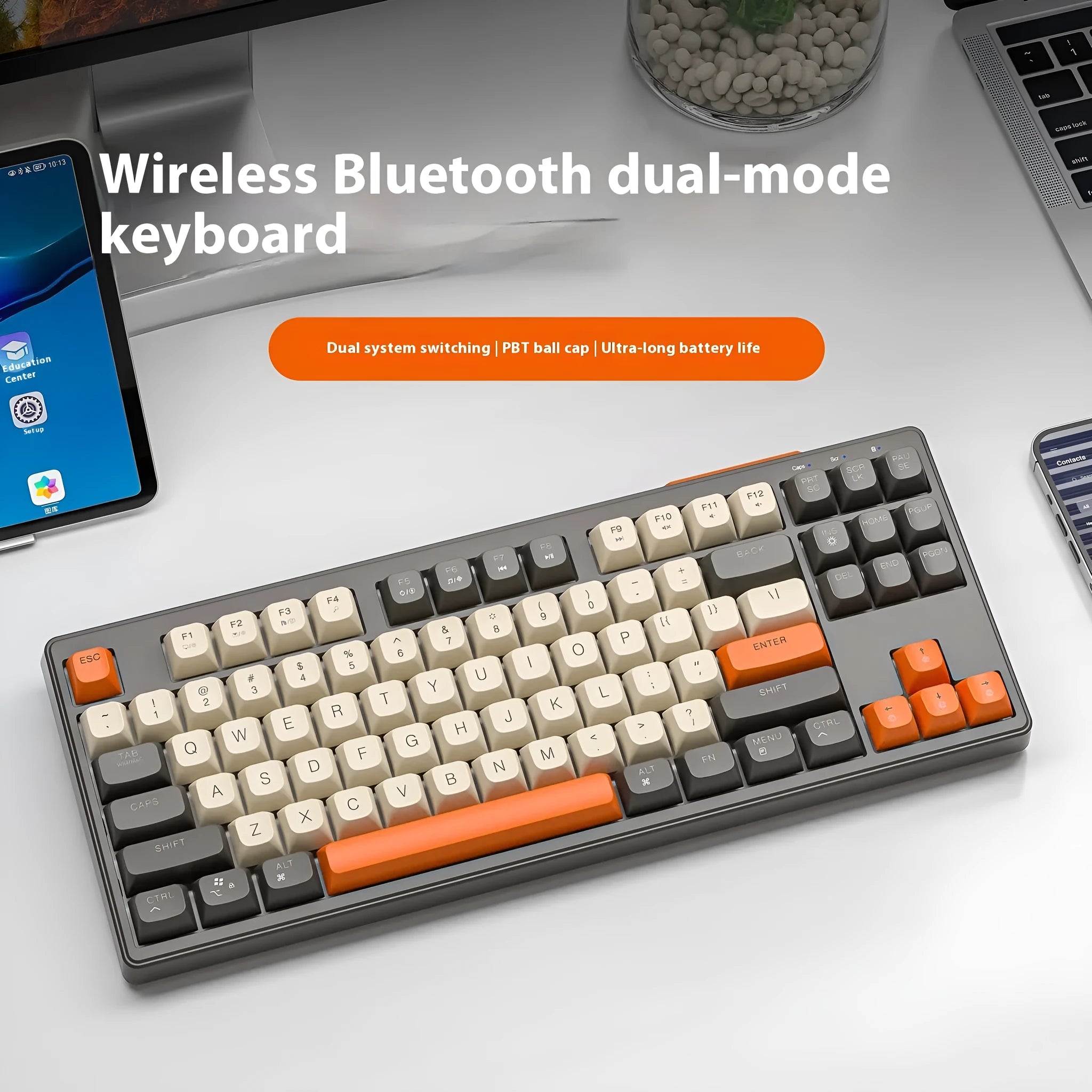 Wolf M87 wireless Bluetooth dual-mode mechanical keyboard in blueberry colour on a wooden desk.