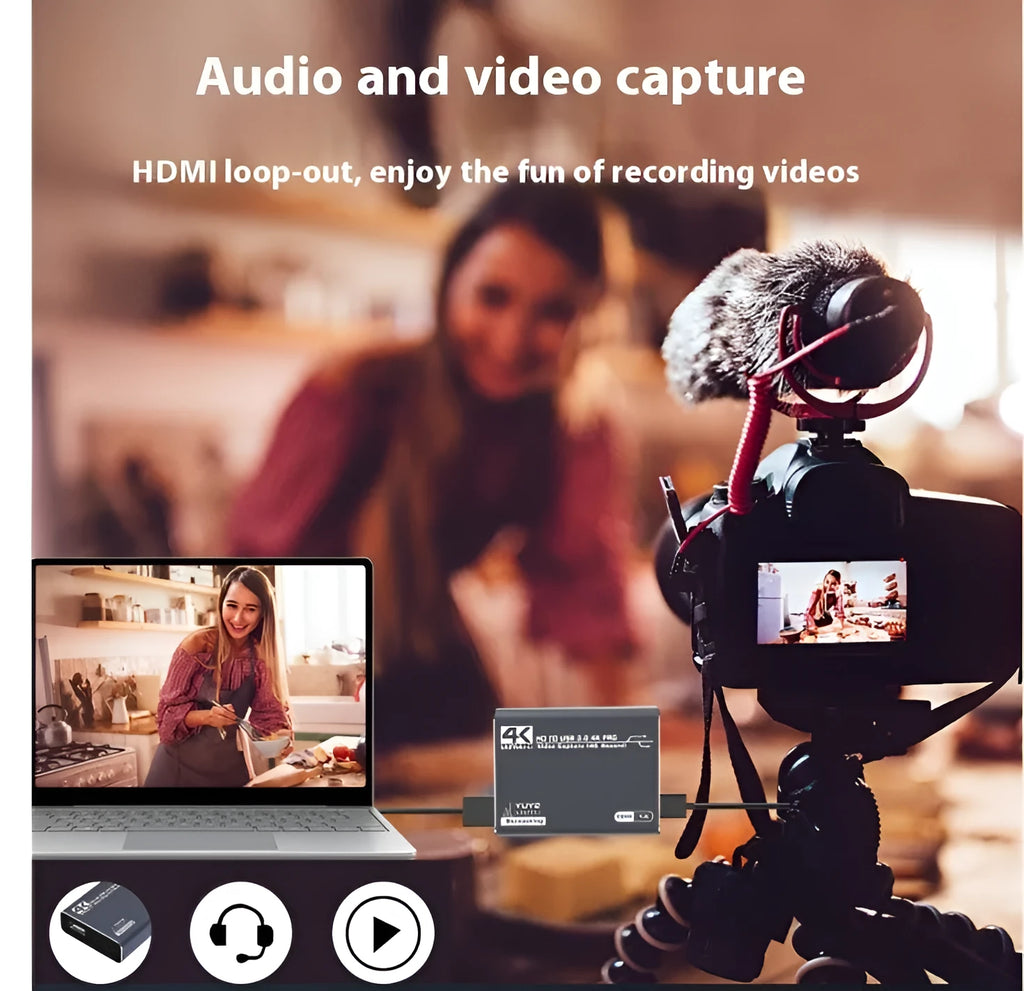 Black 4K set-top box for gaming recording and 1080p media streaming with data cable