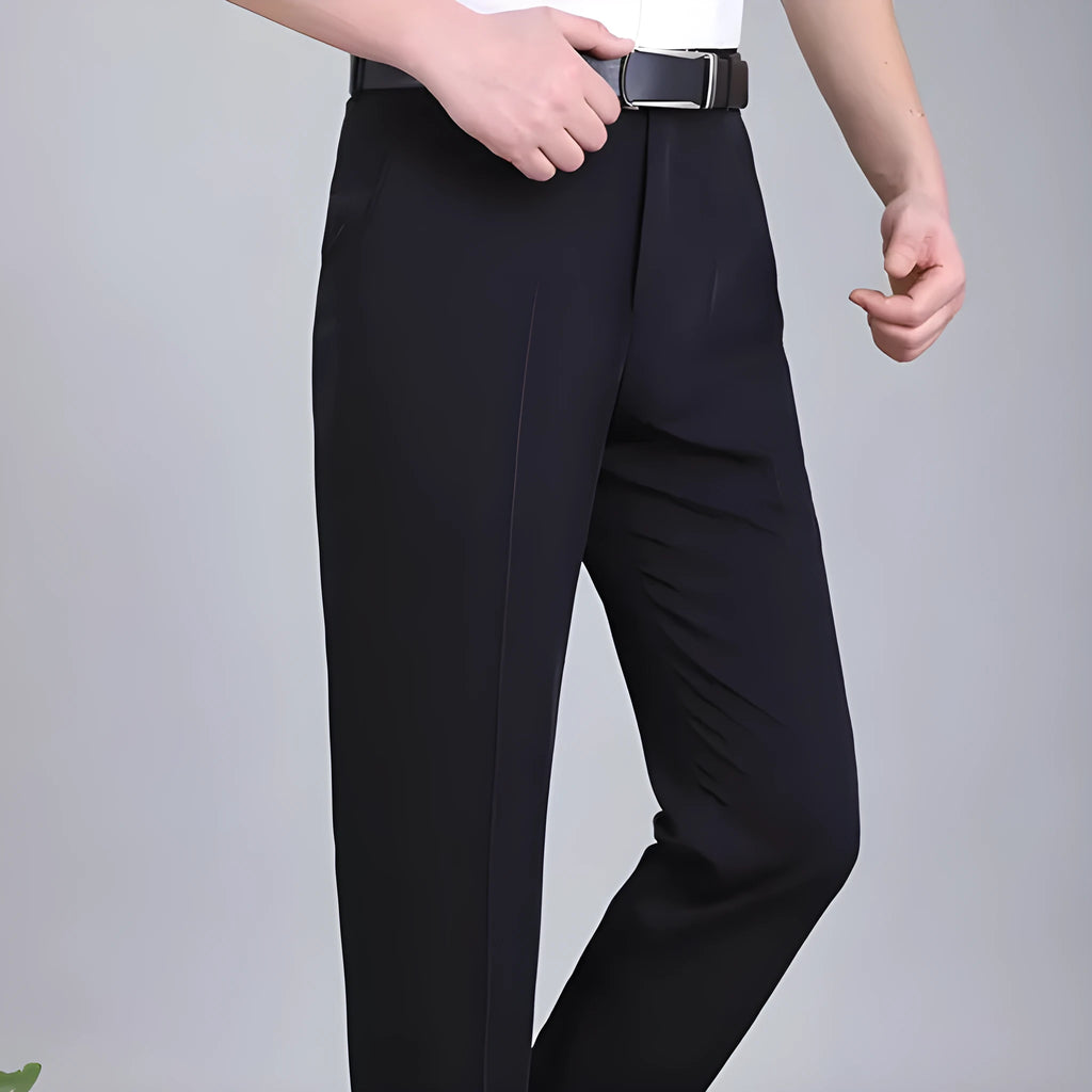 Men's mulberry silk blend straight cut business trousers in black with high waist design