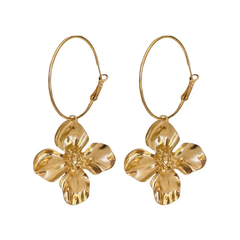 Silver Needle Metal Flower Earrings with geometric vintage design in gold or silver electroplated finish