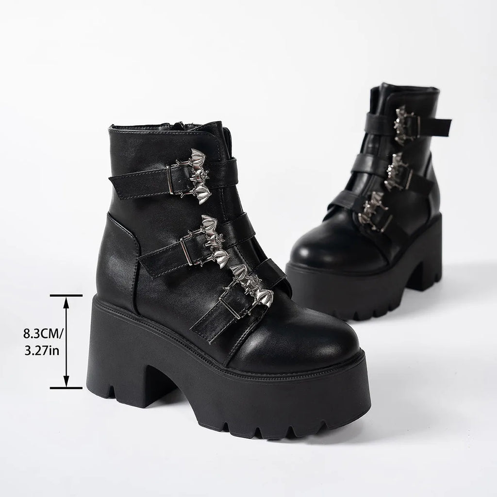 Black women's ankle boots with mid heel, side zip, thick sole, and belt buckle decoration, sizes 35-42