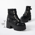 Black women's ankle boots with mid heel, side zip, thick sole, and belt buckle decoration, sizes 35-42