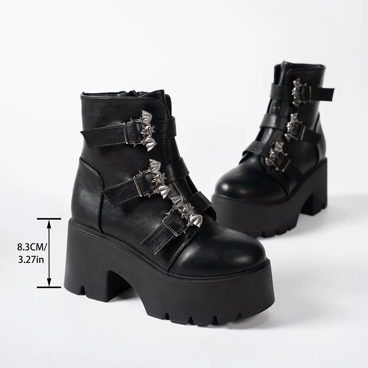 Black women's ankle boots with mid heel, side zip, thick sole, and belt buckle decoration, sizes 35-42