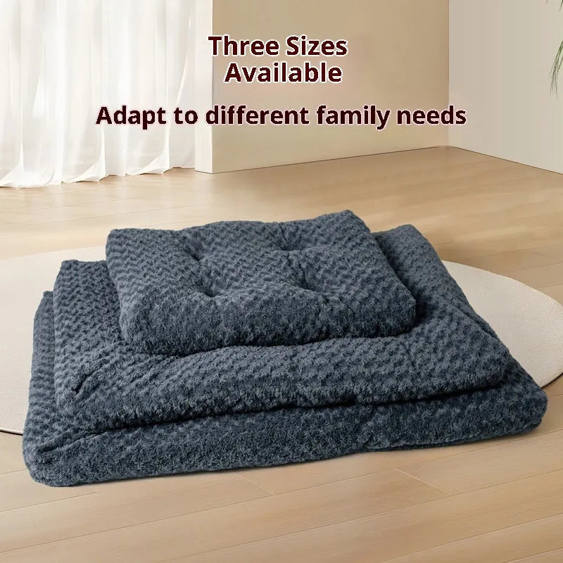 Embossed velvet thick square pet mat for dogs in dark gray on a floor with a dog resting on it