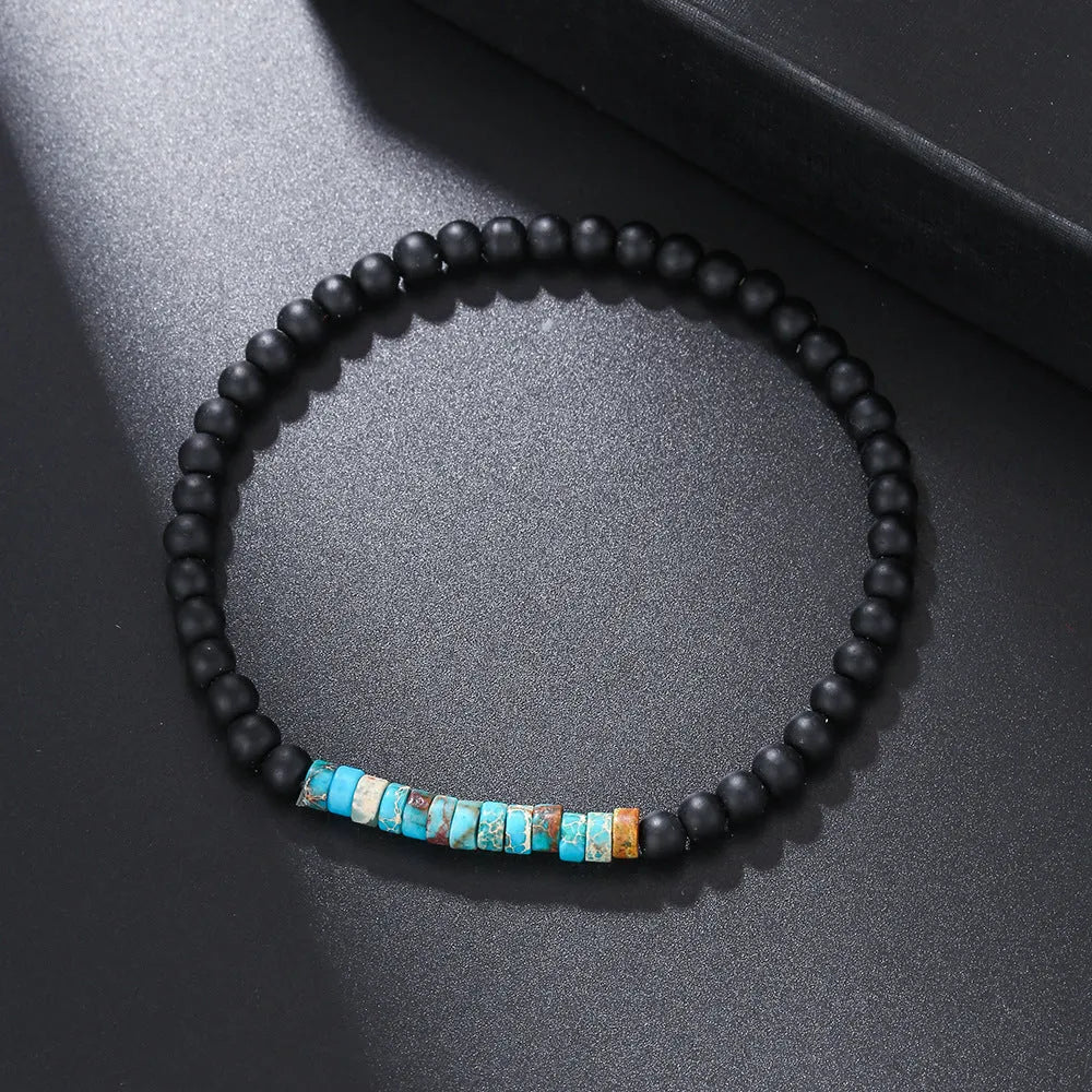 Hand-woven unisex wood bracelet with turquoise accents and totem pattern