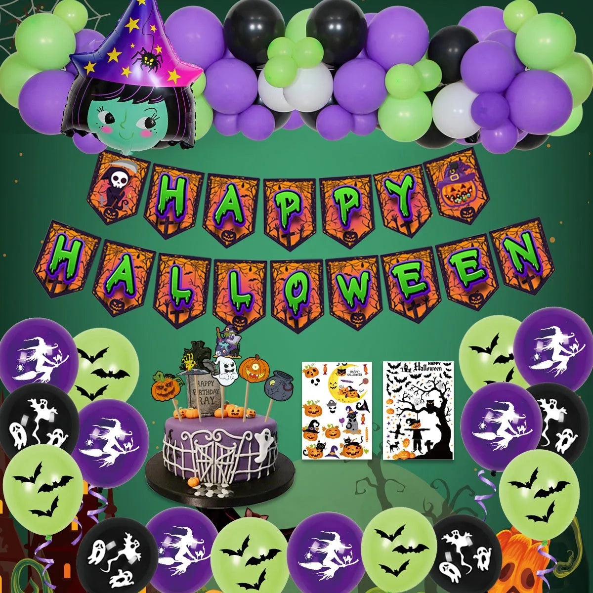 Halloween spider balloon arch combo set with black and white latex balloons featuring skull and pumpkin designs
