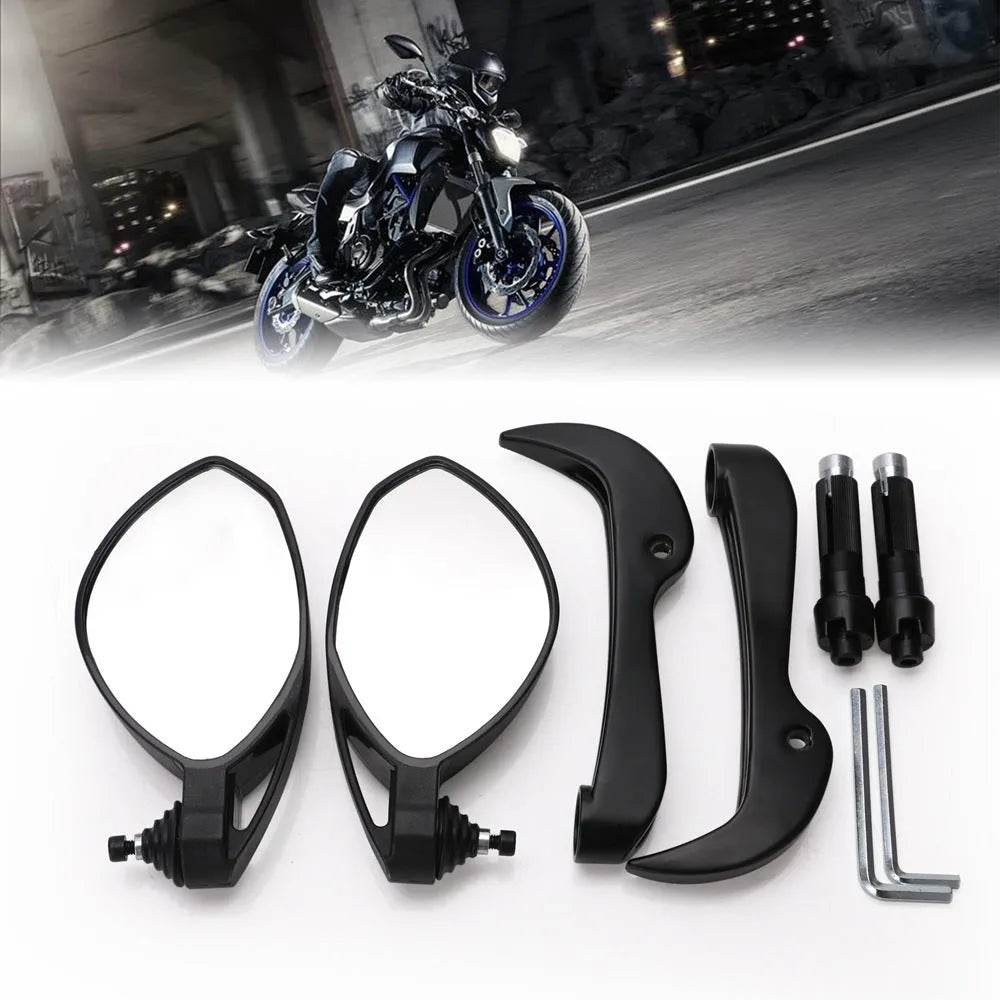 Black motorcycle hand guard with glass secondary side mirror and plastic housing
