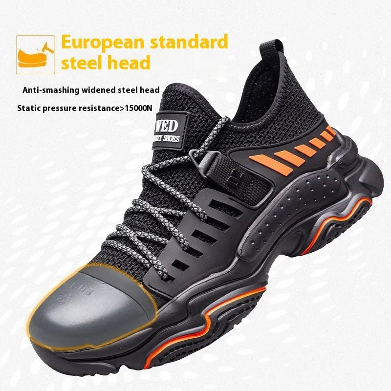 Black safety protection shoes with steel toe cap and flat knitted uppers for industrial work
