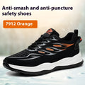 Orange lightweight labour protection safety shoes with leather upper and rubber sole for anti-smashing and puncture resistance.