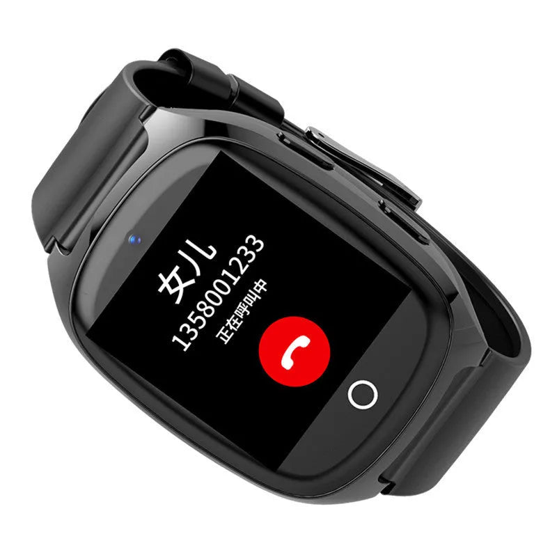 Black GPS location tracker phone watch with touch screen displayed on wrist, showing SOS button and charging cable.