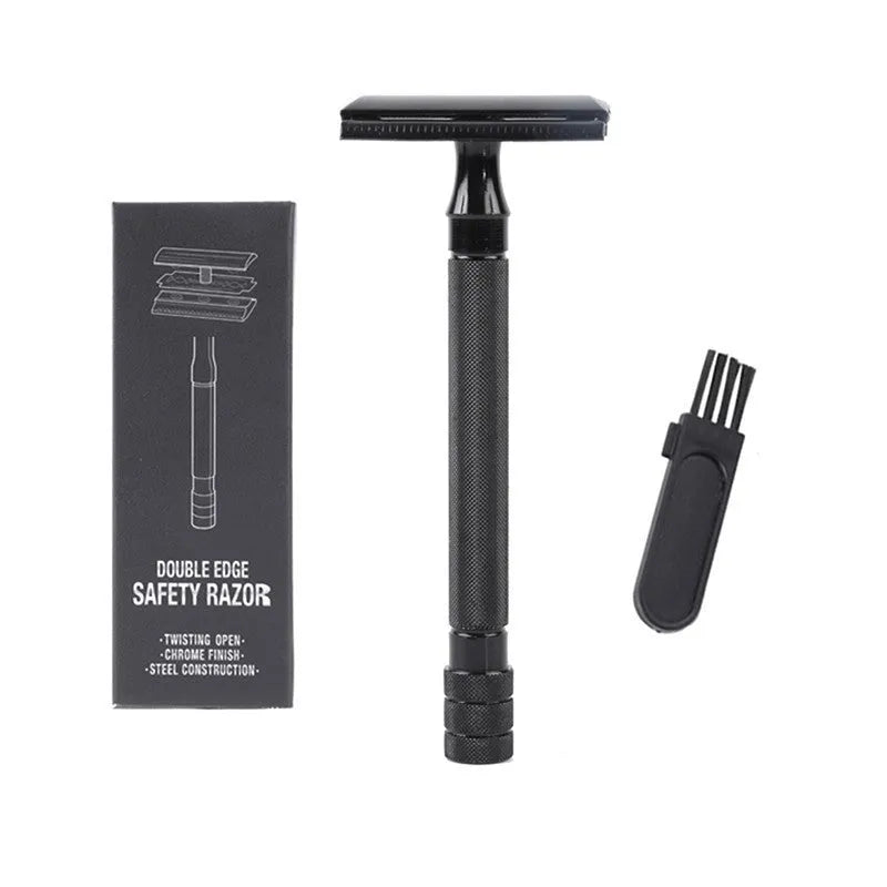 Traditional manual beard shaver with metal scraper and wooden brush grooming kit