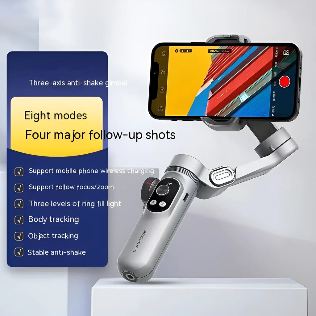 Pro Mobile PTZ Stabilizer in silver gray with three-axis anti-shake, ABS body, and phone clamp