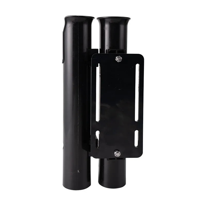 Plastic fishing rod rack with pipe clamp mounted on a bicycle frame