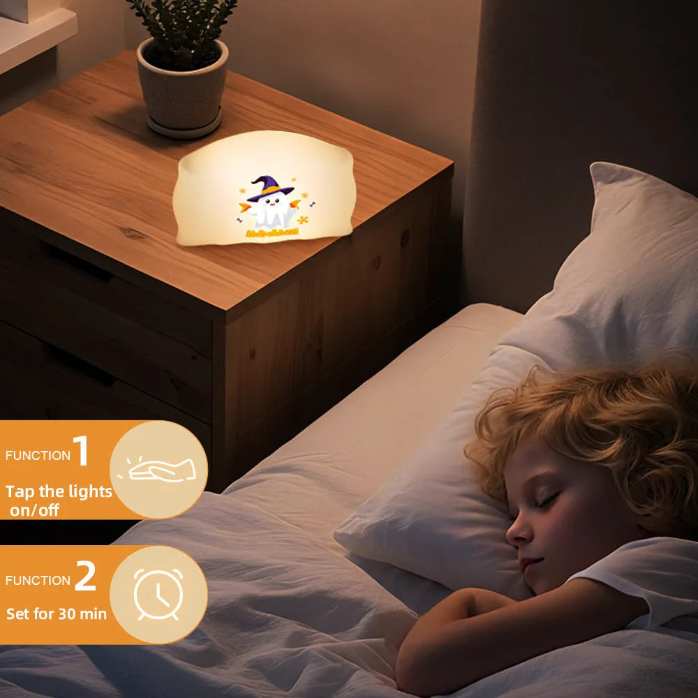 Cartoon Halloween doll table lamp with warm light, showing magic ghost design and dimensions 99x70x50mm