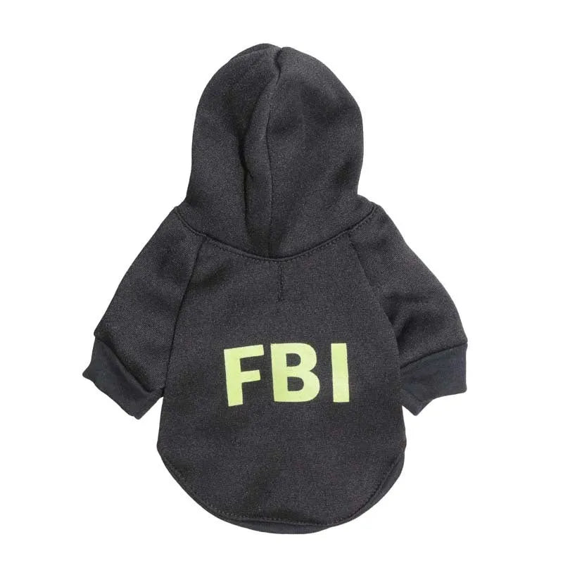 Fleece printed dog clothes in style A on a small dog, with collar opening and four leg holes