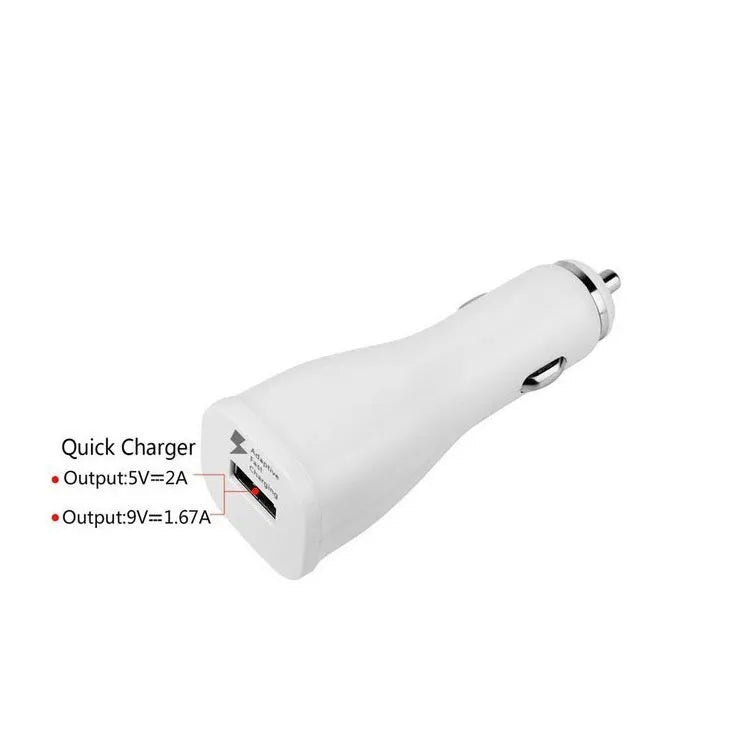 White QC2.0 single port USB car charger for vehicle smartphone charging