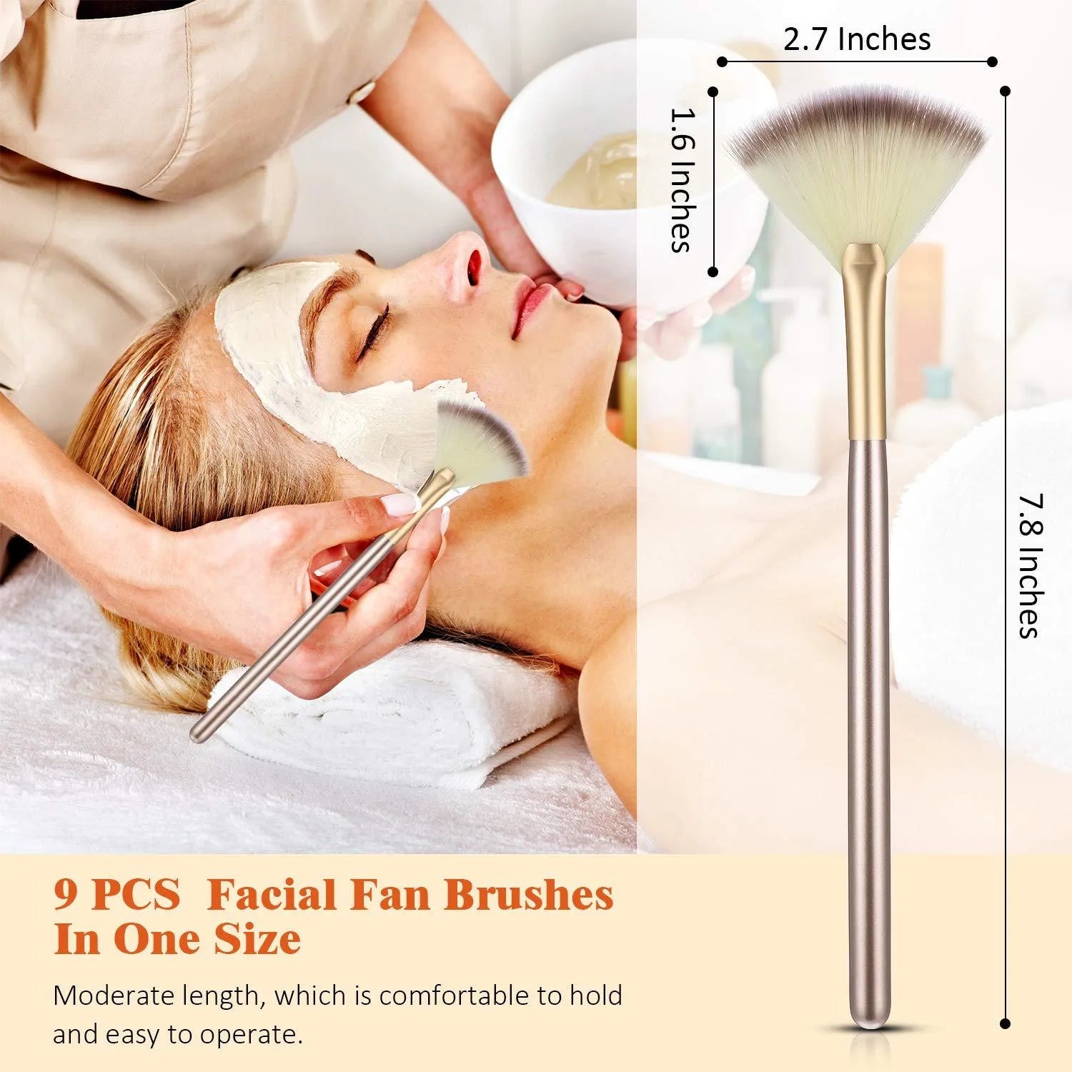 Ten champagne-coloured facial fan brushes with acrylic handles and protective covers
