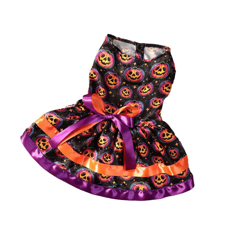 Colourful Halloween dog skirt with pumpkin and skull prints in sizes S M L XL