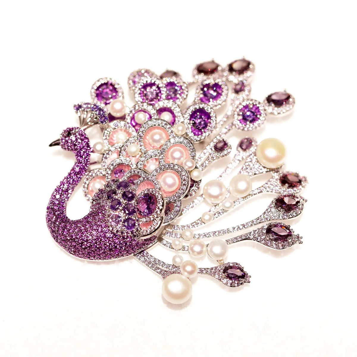 Alloy Freshwater Pearl Peacock Brooch in Style1 gold-tone finish with faux pearl beads and cabochon centre on white background