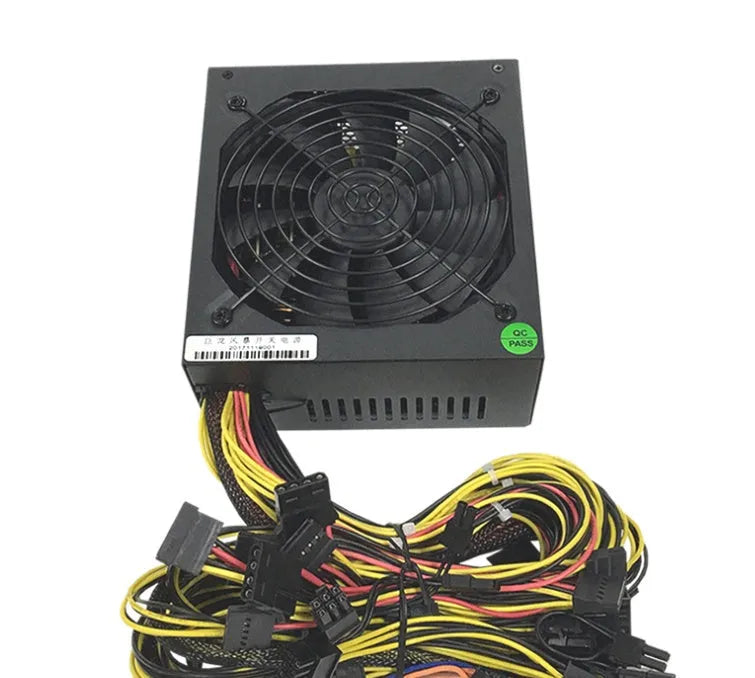 Black server power supply unit with cooling fan and multiple cable connectors