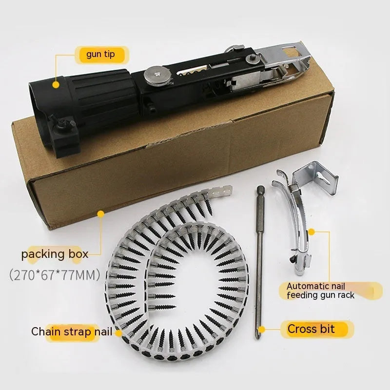 Metal chain screw gun head attachment for electric screwdrivers with cross head bit and storage rack