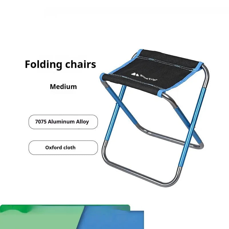 Black ethnic-style aluminium alloy folding stool shown in folded and unfolded positions.