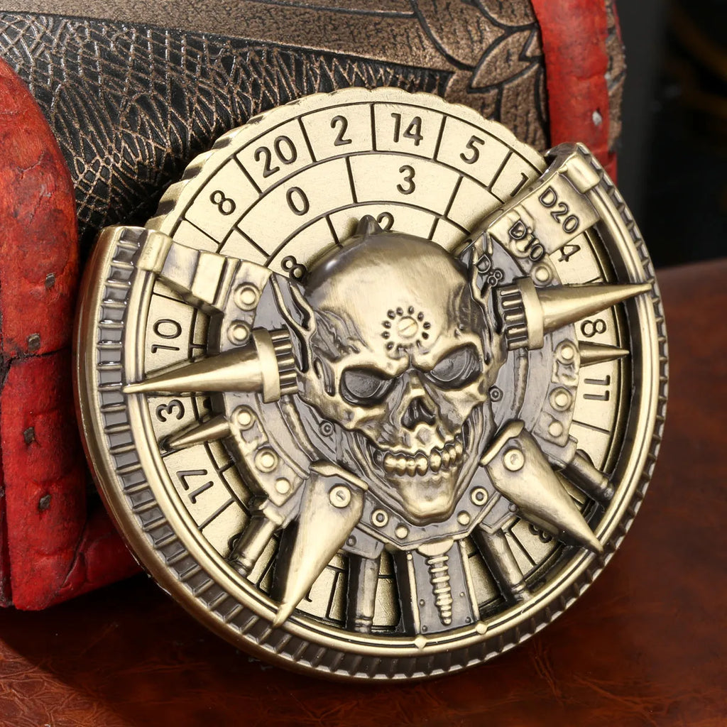 Skeleton metal wheel dice gift box with bronze D20 and D10 dice on a dark tabletop