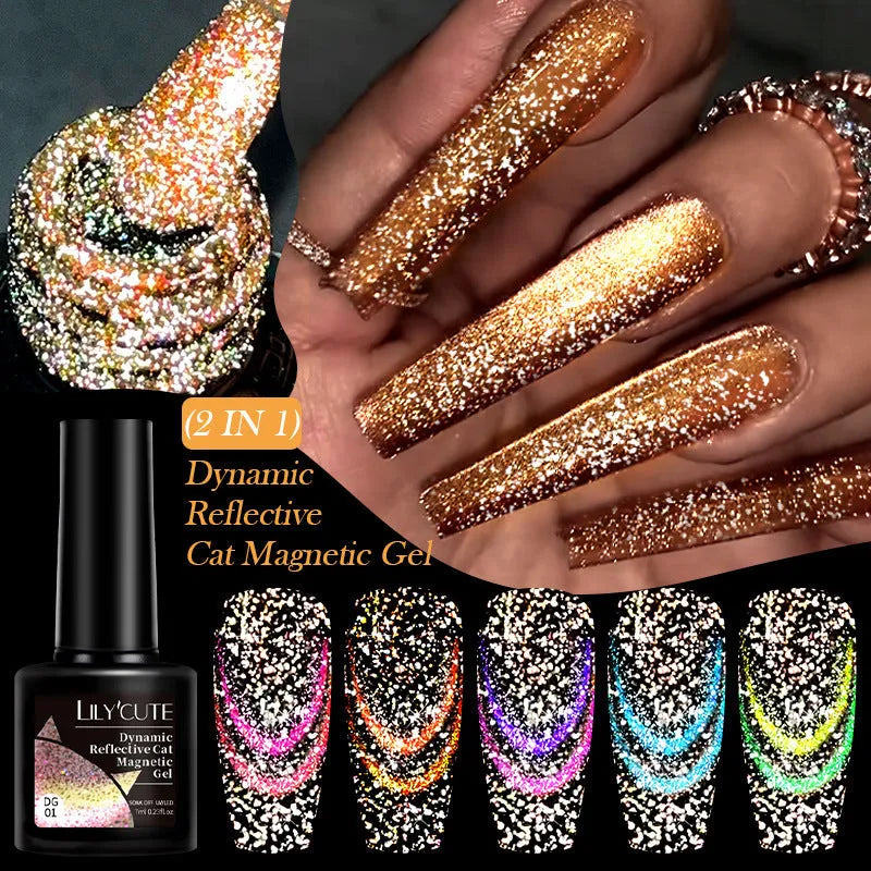 Cat eye effect nail polish gel with glitter and diamond fragments in six colour options