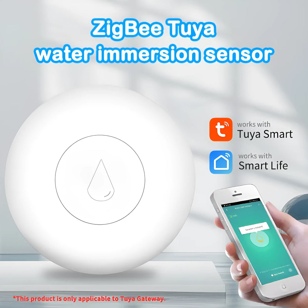 Zigbee wireless water flood sensor on a white background, showing compact size and battery compartment.