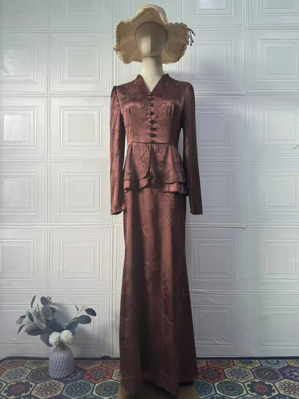 Dark brown retro artistic long sleeve dress with plant pattern and button details
