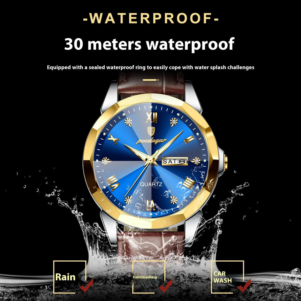 Men's belt style luminous quartz watch with genuine leather strap and round alloy case on display