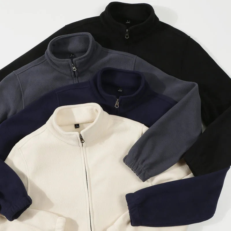 Men's double-sided fleece zip sweatshirt with stand-up collar in black, loose fit, M-4XL.