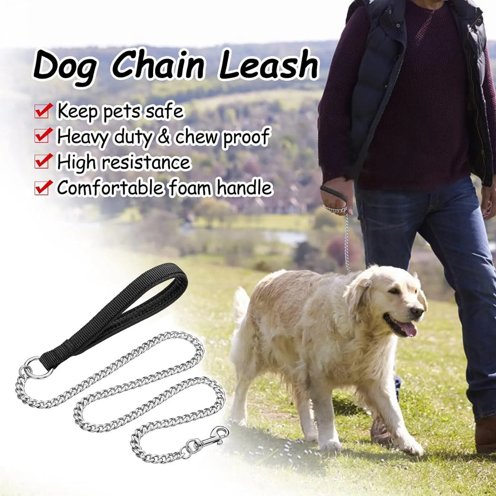 Heavy duty black metal dog leash with soft blue padded handle for large dogs