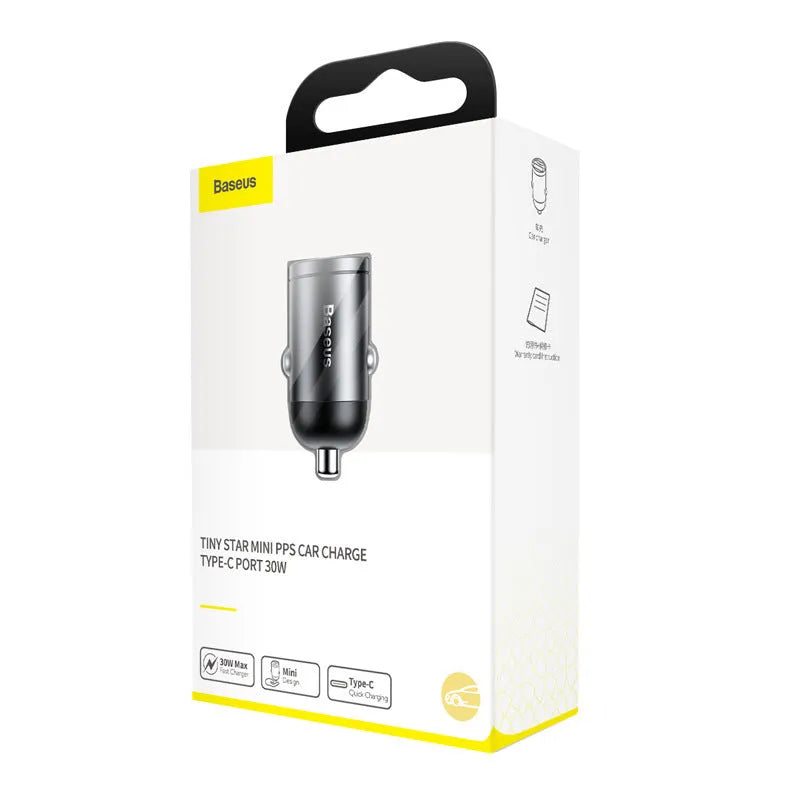 Grey Baseus 30W PPS single USB car charger with 1 metre cable.