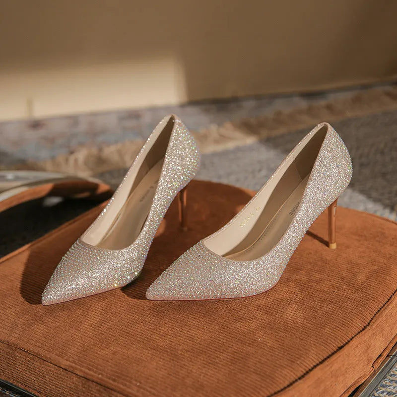 Gold crystal high heel stiletto pump with rhinestone and sequin decoration