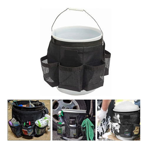 Black cylindrical polyester storage bag mounted on 5 gallon barrel with carry handles visible