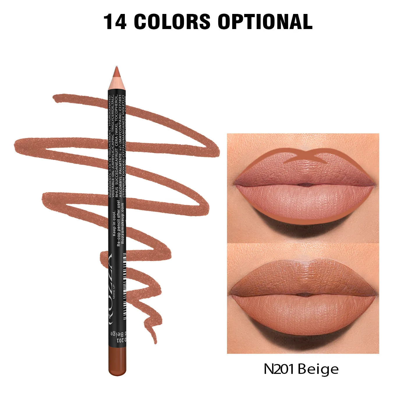 A lip liner pencil in a wooden barrel, shown with a sharp point, alongside swatches of its 14 available colour shades.