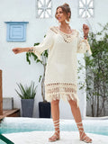 Apricot-coloured hand-crocheted beach dress with lining, shown as a free-size women's cover-up.