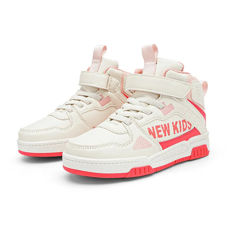 Children's buckle-fastened street sneakers in neutral colours with PU upper and rubber sole.