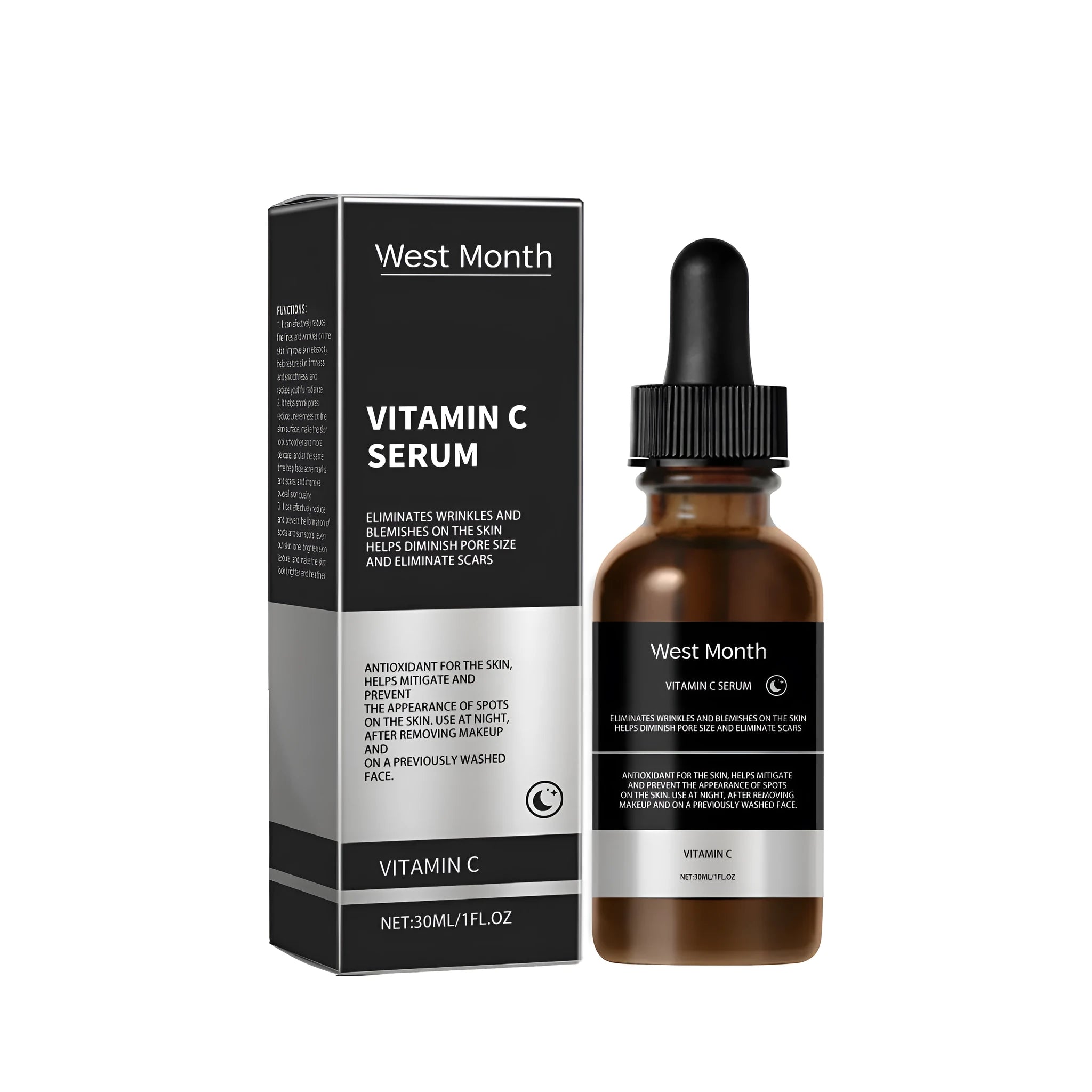 Vitamin C serum 30ml bottle with ascorbic acid, vitamin E, and nicotinamide on a white background