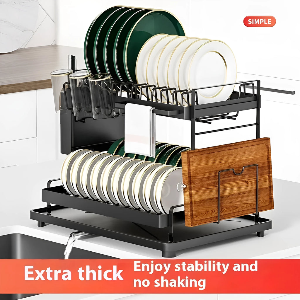 White double layer kitchen storage rack with removable draining section on countertop