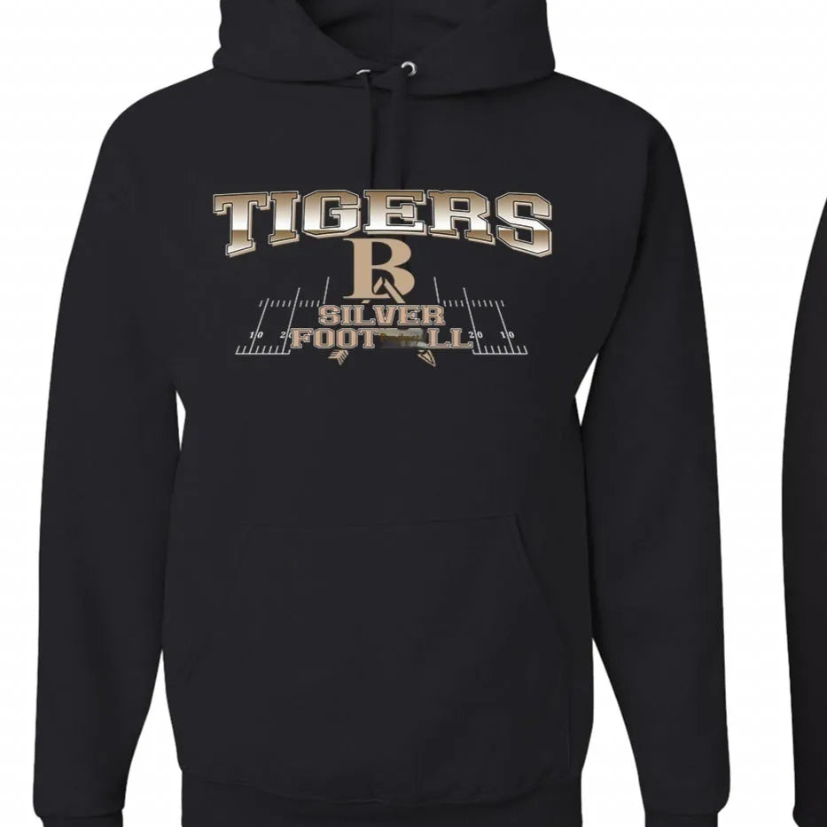 Black drop-shoulder sleeve pullover hoodie on a hanger, showing relaxed fit and long sleeves.