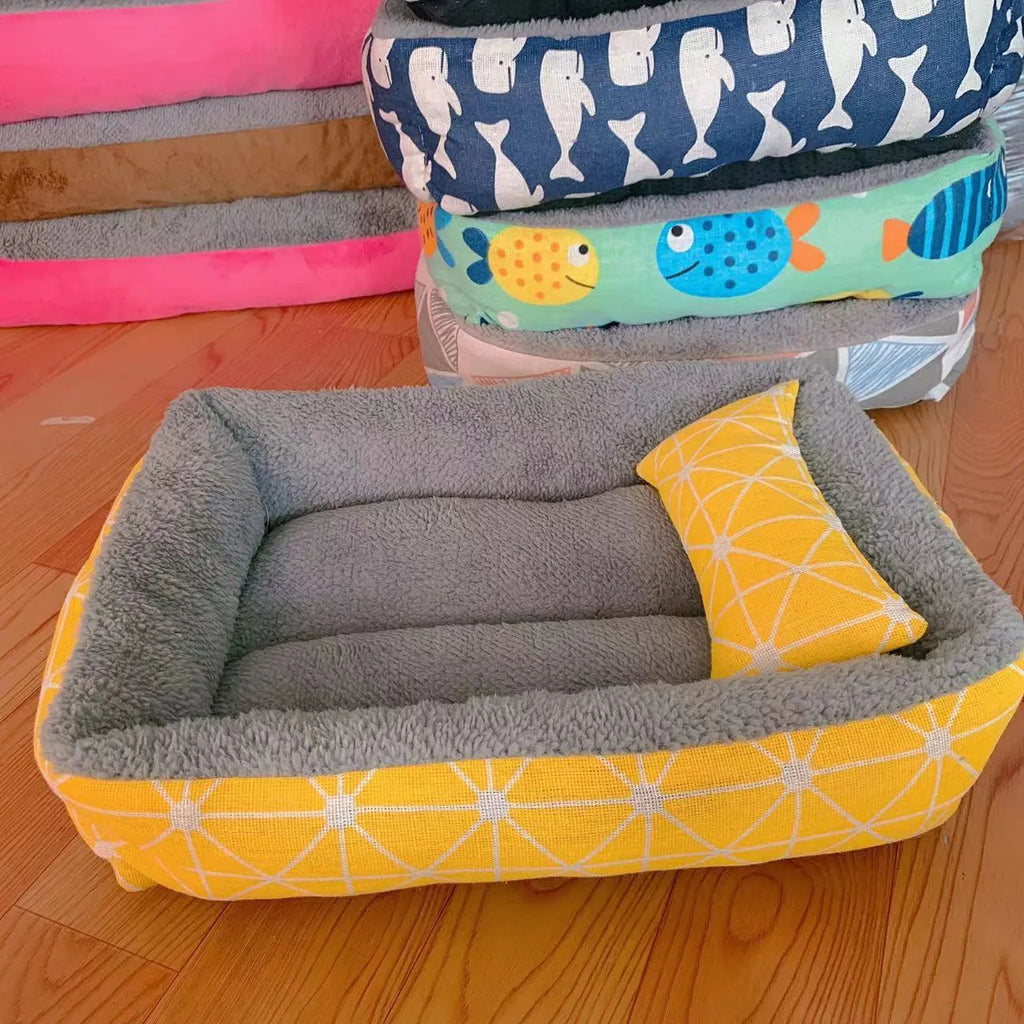 Moisture-proof cloth dog pet bed in Blue Whale, Pink Triangle, Blue Kitten or Yellow Chessboard, sizes S to XXL