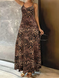 Dark brown leopard print sleeveless dress with shoulder straps and hip skirt cut
