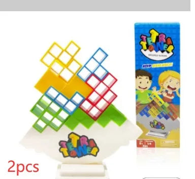 Plastic balance stacking game with 16 colourful building blocks on chassis