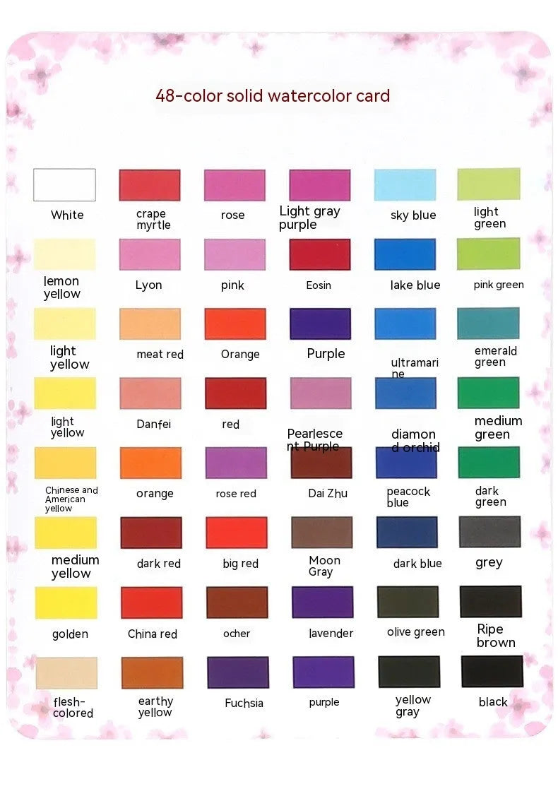 Box of 48 solid watercolour paints including Black Knight, Girl Pink, and Sunshine Blue colours.