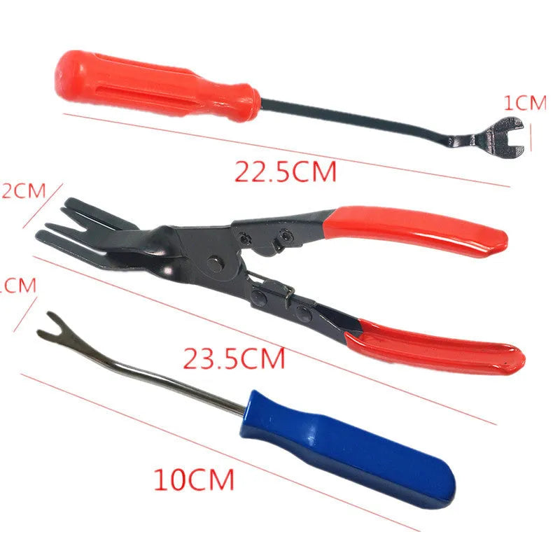 Red-handled steel clip driver pliers for General Motors automotive door panel nailing.