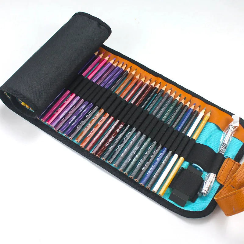 Set of 50 coloured wooden pencils in a variety of colours, presented in a brown wooden storage case.