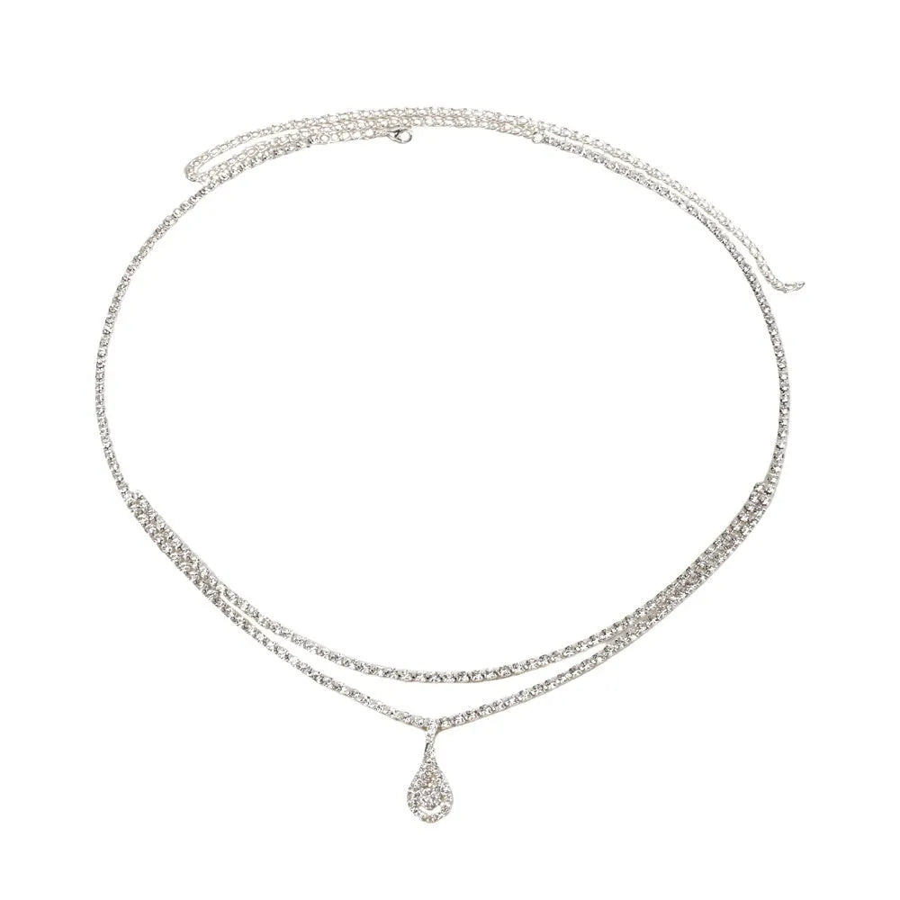 Gold or silver women's waist chain with water drop pendant and rhinestone tassel, showing lobster clasp.