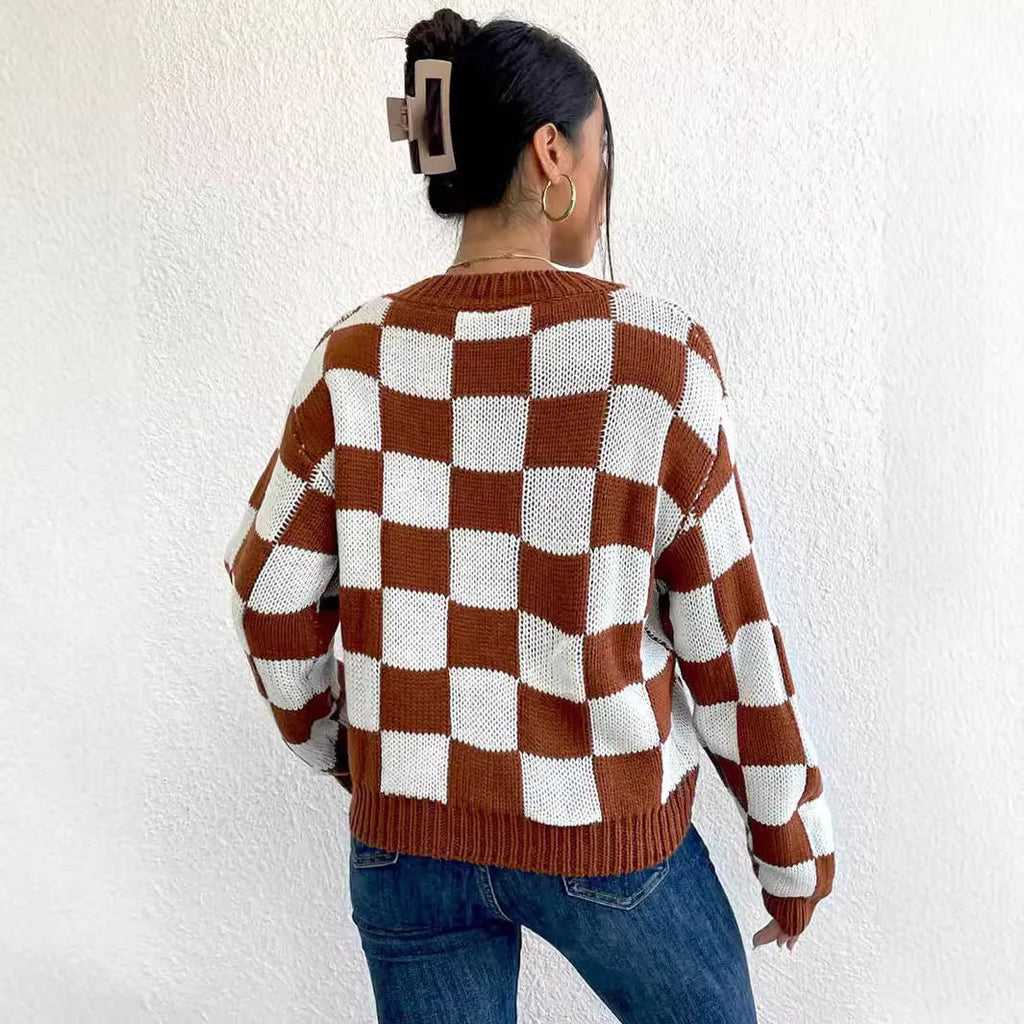 Dark brown plaid pattern women's loose-fit acrylic pullover sweater with long sleeves